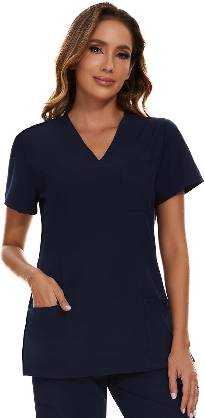 Scrubs Tops for Woman - Soft Stretch, V-Neck Tops | 3 Pockets, Side Split Design, Short Sleeve, Breathable & Lightweight Nursing Shirt, Easy-Care Fabric for All-Day Comfort
