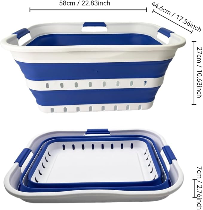 SAMMART 42L (11 gallon) Collapsible Plastic Laundry Basket - Foldable Pop Up Storage Container/Organizer - Portable Basket - Space Saving Hamper/Basket (2, Wt/Classic Blue)