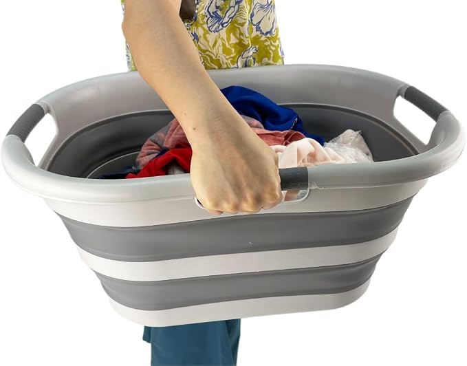 SAMMART 40L (10.5 gallon) Collapsible Plastic Laundry Hamper - Foldable Pop Up Storage Container/Organizer - Portable Washing Tub - Space Saving Basket (1, Grey/Dark Grey)