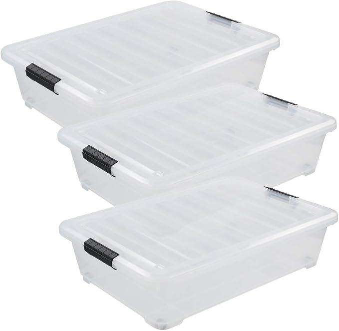 Asking 3-Pack 40 Quart Plastic Wheels Under Bed Storage Box with Lid, Clear | Latch Bin, Clear Visible Plastic Box, Secure Black Side Latch Buckles, Built-In Rolling Wheel