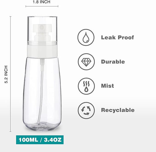 3pack Small Refillable Plastic Spray Bottles, 3.4oz Travel Spray Bottles (Clear+Green+Pink)