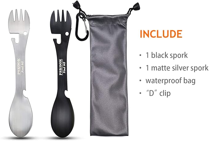 5-in-1 Utility Tactical Spork, 2-Pack Stainless Steel Spoon & Bottle Opener, Fork & Knife, Can Opener Combo Camping Utensil for Hiking, Camping or Backpacking (Black & Matte Silver)