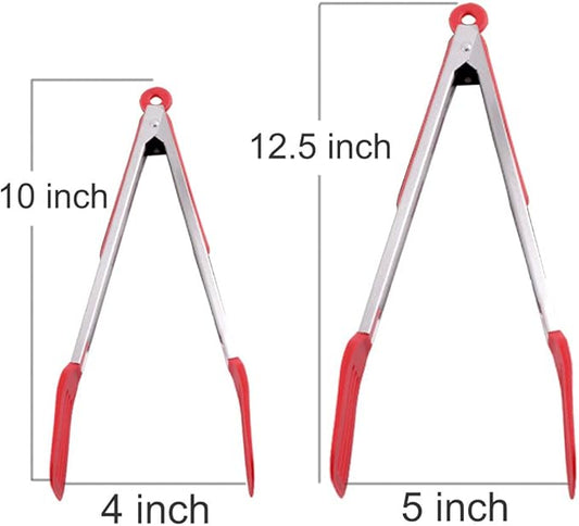 Cooking Tongs 9 inches and 12 inches Stainless Steel Kitchen Silicone Serving Tong Heat Resistant Meat Turner Spatula Tong Fish Tongs with Locking Handle Joint (Red)