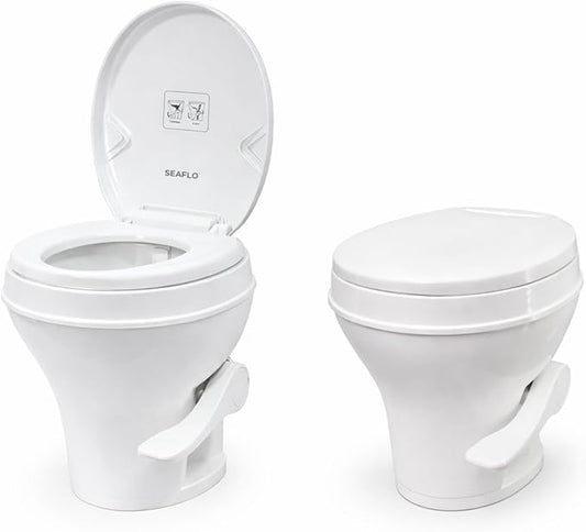 SEAFLO RV Toilet, Residential Height 18.4", Gravity Flush Foot Pedal, Soft Close Seat, Camper Toilet for RV Motorhome Travel Trailer, White, SFRTPH-01-01, 4-Year Warranty