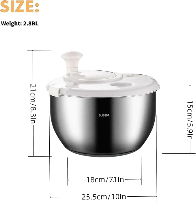 Stainless Steel Salad Spinner, 6L Salad Spinner, Lettuce Spinner, Fruit Washer, Quick Spin Salad Spinner for Householder Vegetables and Pasta Fries Small Salad Spinner Essential Kitchen Utensils
