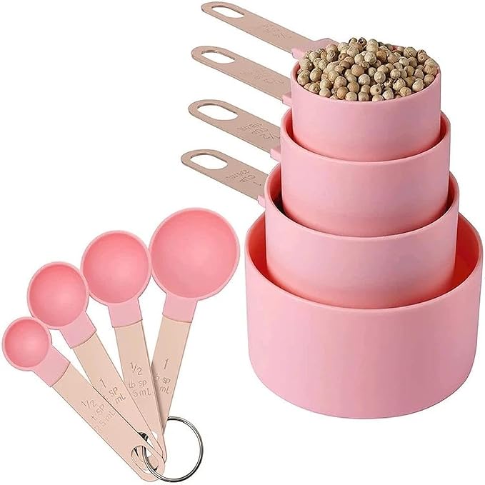 Plastic Measuring Cups Set - 8-Piece Nesting Kitchen Tools | Baking Supplies with Handles for Precise Liquid & Dry Ingredients | Essential for Home Baking, Cooking & Food Prep (Pink)