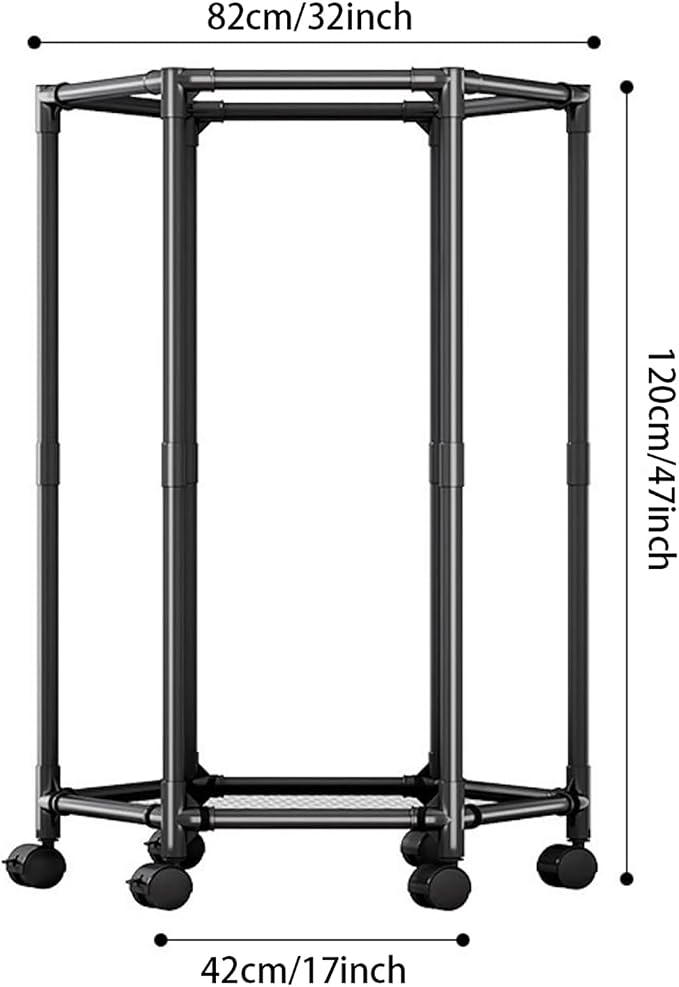 Clothes Rack with Wheels, Hexagonal Rolling Clothing Rack for Hanging Clothes, Clothes Drying Rack, Freestanding Garment Rack for Balcony, Living Room,White,1 Tier