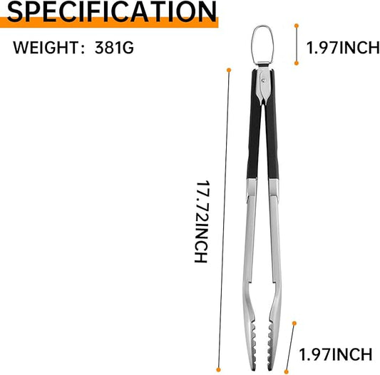 Extra Long BBQ Tongs 17 Inch, Heavy Duty Stainless Steel Grill Tongs with Silicone Grip & Locking Closure Cooking Tongs for Outdoor Grilling Kitchen Hot Grilled Food Dishwasher Safe