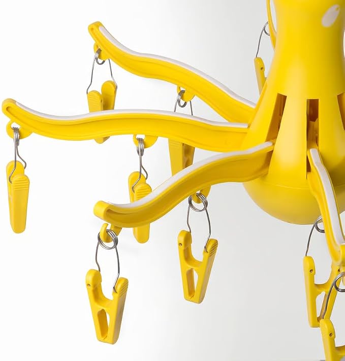 PRESSA Hanging Dryer 16 Clothes Clips Octopus Laundry Dryer Foldable Hanging Drying Rack 8 Claw Peg Hanger Space Saving Indoor Outdoor Clothes Airer (Yellow)