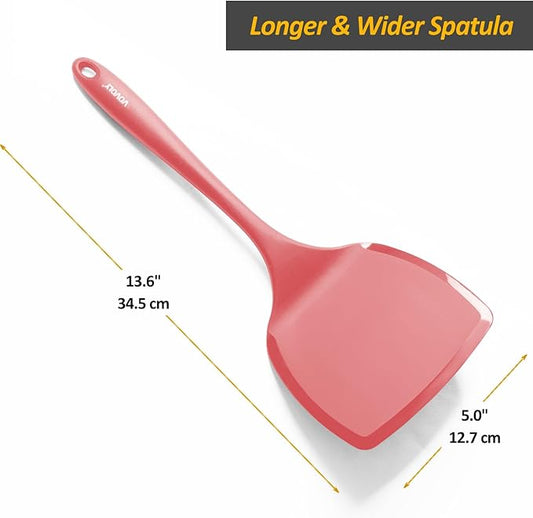 Silicone Pancake Spatula Turner with Lengthened Handle& Seamless Design, Heat Resistant Cooking Spatulas for Nonstick Cookware, Large Flexible Kitchen Utensils, Flipper for Egg, Pancake, Burger, Red