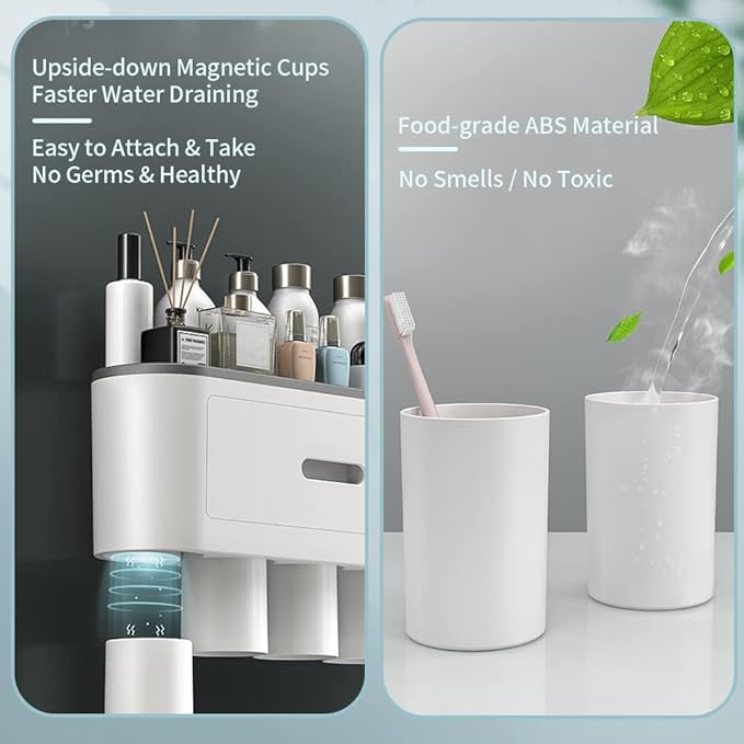 Toothbrush Holders for Bathrooms Wall Mounted, 6 Slot Toothbrush Holder with 2 Automatic Toothpaste Dispensers, 2 Magnetic Cups, Large Capacity Bathroom Organizer, Wall Storage with Drawer