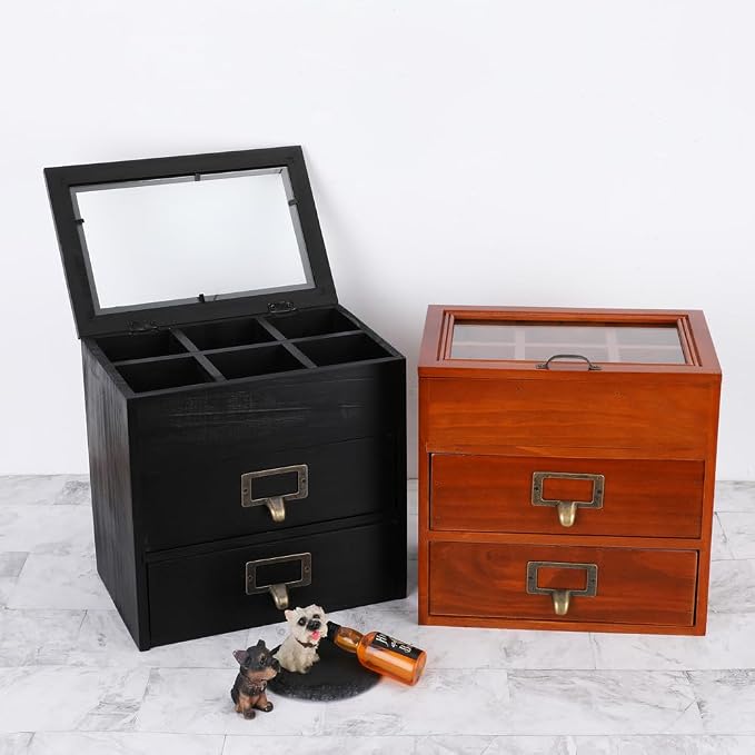 Small Wooden Drawers Wooden Box with Drawer Black | 2 Drawer Storage Box for Apothecary Cabinet, Apothecary Drawers,Desktop Organizer with Metal Handles for Office,Home