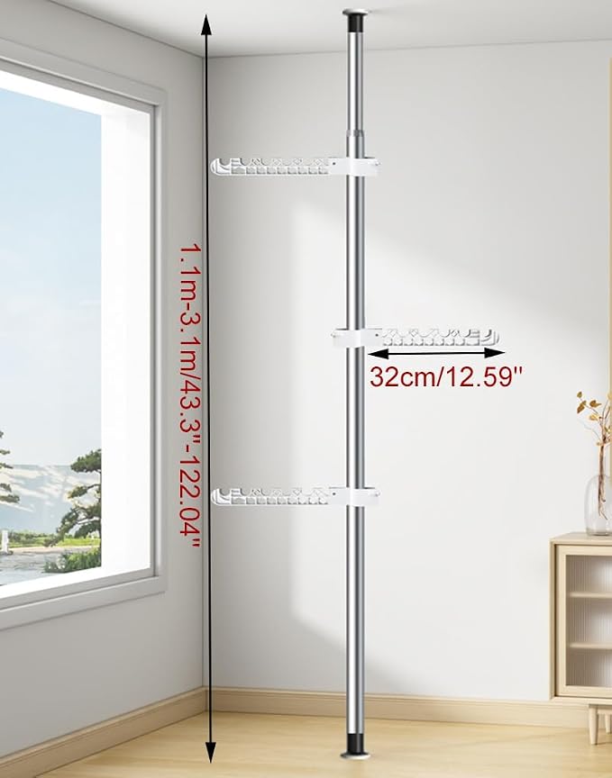 3-Tier Clothes Drying Rack Adjustable Coat Hanger Garment Stand Floor to Ceiling Laundry Pole Tension Rod Storage Organizer for Hanging Clothing, Scarves, Hats, Bags, Purses 43.3''-122.04''