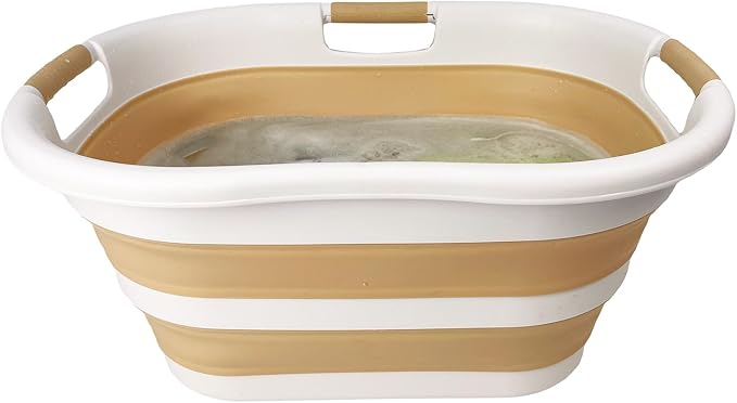 SAMMART 40L (10.5 gallon) Collapsible Plastic Laundry Hamper - Foldable Pop Up Storage Container/Organizer - Portable Washing Tub - Space Saving Basket (1, White/Beige)