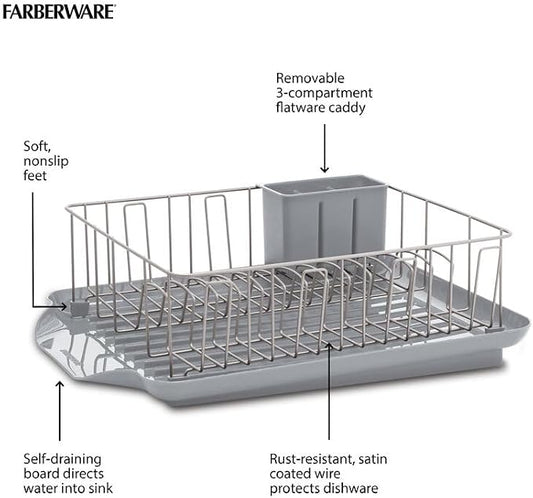 Farberware Classic 3-Piece Dish Drying Rack Set, Gray - Rust-Resistant Dish Rack for Kitchen Counter with Self-Draining Board and Flatware Caddy