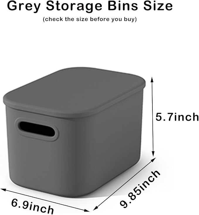 ORGIDOL 8 Pack Dark Grey Storage Bins with Lids Stackable Storage Container for Organizing, Storage Boxes with Handle for Shelves, Cute Organizer Bins for Craft, Snacks, 9.85x6.9x5.7 inch
