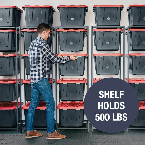CleverMade Double Tote Tower, 10-Bin Rack for 27-Gallon Totes, Black | Individual rails let 10 totes slide out without unstacking. Powder-coated steel supports 50 lb per shelf and 500 lb total.