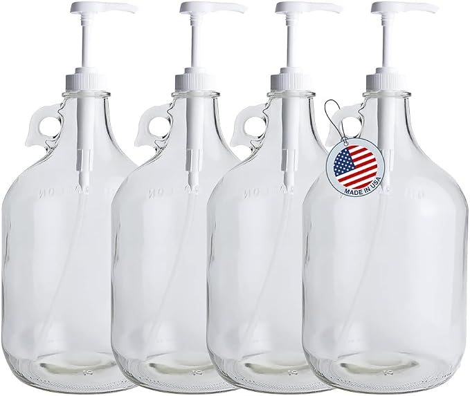 Glass Laundry Detergent Dispenser 4-Pack with Pumps | 1 Gallon Glass Jug | Food-grade Laundry Detergent Pump Dispenser with airtight screw-top lid | non-slip base and 1.4 oz pump for liquid