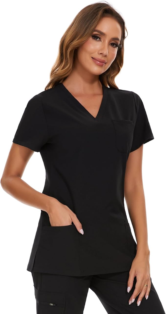 Scrubs Tops for Woman - Soft Stretch, V-Neck Tops | 3 Pockets, Side Split Design, Short Sleeve, Breathable & Lightweight Nursing Shirt, Easy-Care Fabric for All-Day Comfort