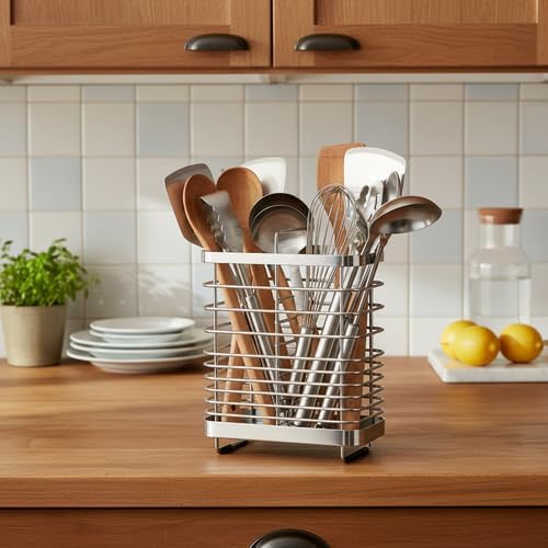 Kitchen Utensil Drying Rack, 18/8 Stainless Steel Chopsticks Spoon Fork Knife Basket Flatware Storage Drainer, Cutlery Holder for Kitchen Counter (6.1x2.95x6.5 inch)
