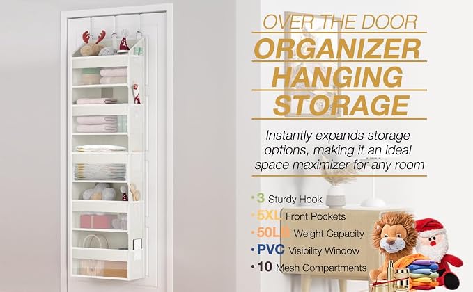 Over the Door Organizer with 5 Front & 10 Mesh Side Pockets, Versatile 5 Shelf Hanging Door Organizer 50lb Capacity Extra Large Storage Space-Saving with 3 Hook for Closet, Kitchen, Pantry, Beige