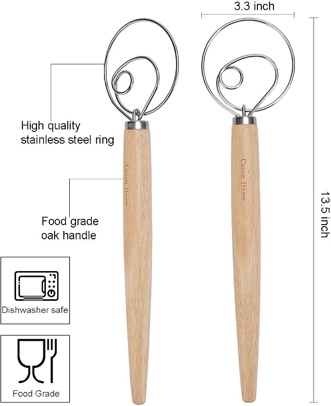 2 Pack Danish Dough Whisk Hook Sourdough Bread Baking Supplies Starter Kit | 13.5 Inches; Quick Hand Mixing Tool; Wooden Handle Stainless Steel Loop; Easy Clean; Diswasher Safe; for Batter Pastry Flour