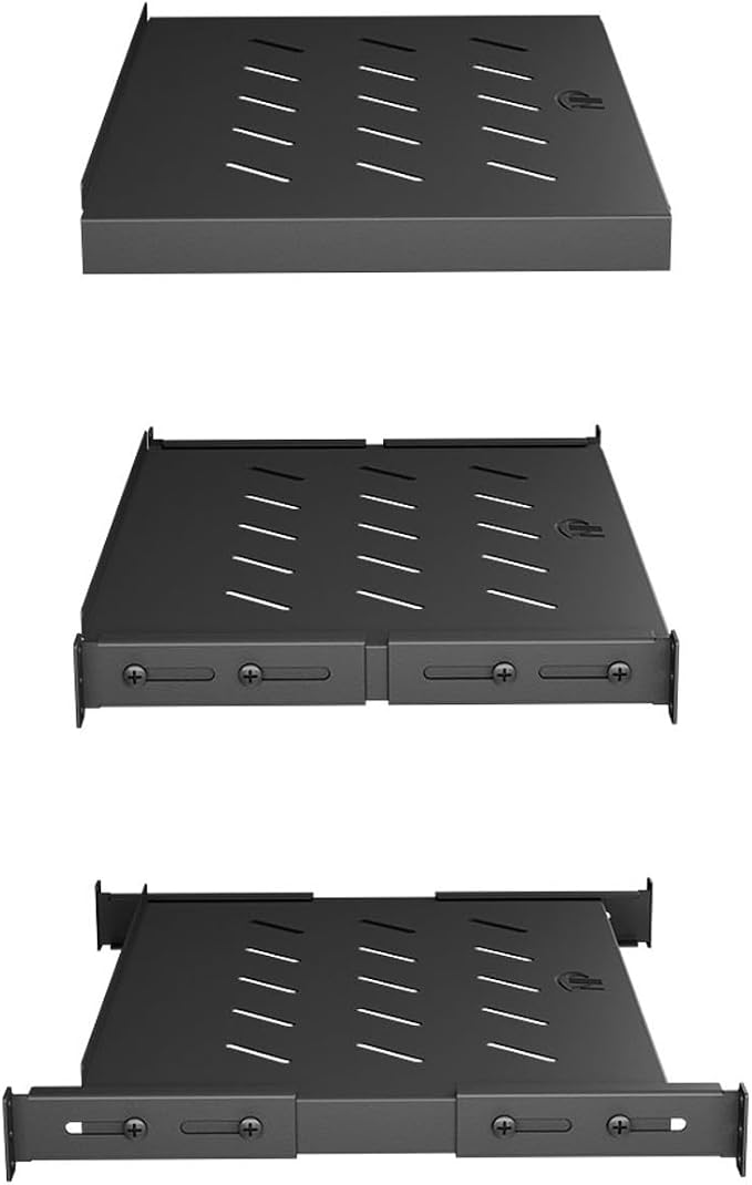 Vented 4-Post Shelf, Adjustable, Black, 300 mm Depth, 1U, 242 lbs, Cold Rolled Steel