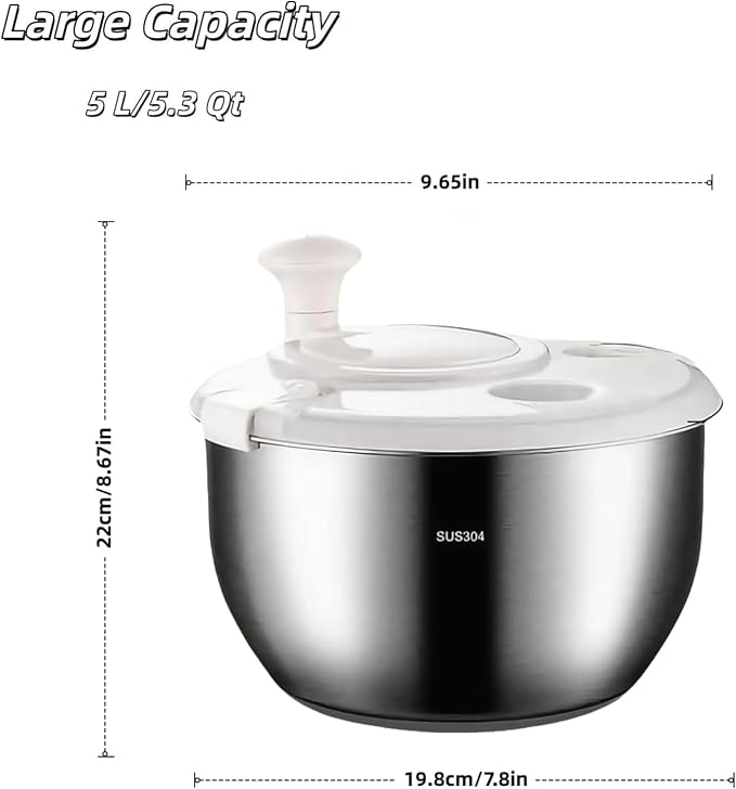 Stainless Steel Salad Spinner, Salad Spinners Large, Lettuce Spinner, with Drainage Basket Drainage Outlet, Used for Cleaning and Drying Vegetables Food and Fruits Quick Spin Vegetable Fruit Spinner