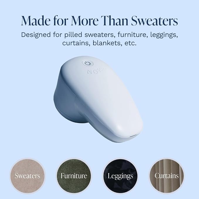 Nori Trim Fabric Shaver - Lint Remover for Clothes & Furniture - Blue | Couch pilling, sweater pill remover, clothes shaver with 6 precision blades, wireless and rechargeable