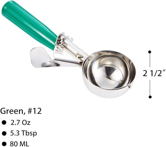 Saebye 2.7 OZ Scoop - #12 (1/3 Cup) - Disher, Ice Cream Soop, Cookie Scoop - Portion Control - 18/8 Stainless Steel, Green Handle, For Cookie, Ice Cream, Meatball, Muffin, Cupcake, Vegetable Salad