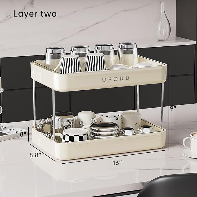 UFORU Countertop Coffee Station Organizer,Cup Rack,Mug & Wine Glass Holder | 2-Tier Cream White Mug Shelf with Removable Drain Tray,Bathroom Countertop Organizer,Spice Rack for Kitchen