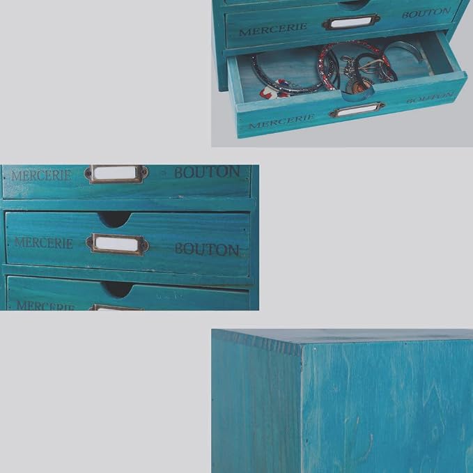 Small Wooden Drawers Wooden Box with Drawer Blue | 4 Drawer Storage Box for Apothecary Cabinet, Apothecary Drawers,Desktop Organizer with Metal Handles for Office,Home