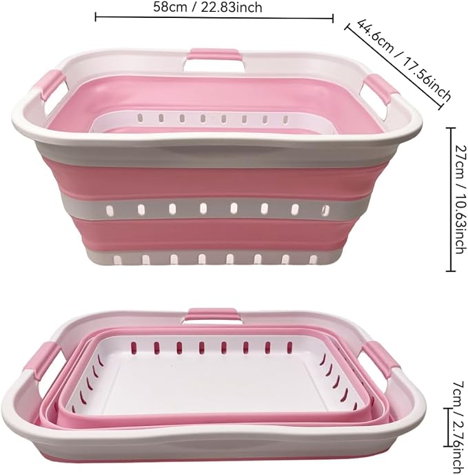 SAMMART 42 (11 Gallons) Collapsible Plastic Laundry Basket, Foldable Pop Up Storage Container/Organizer, Space Saving Hamper, Portable Bin for Dorm Room Bathroom (2, White/Cherry Pink)