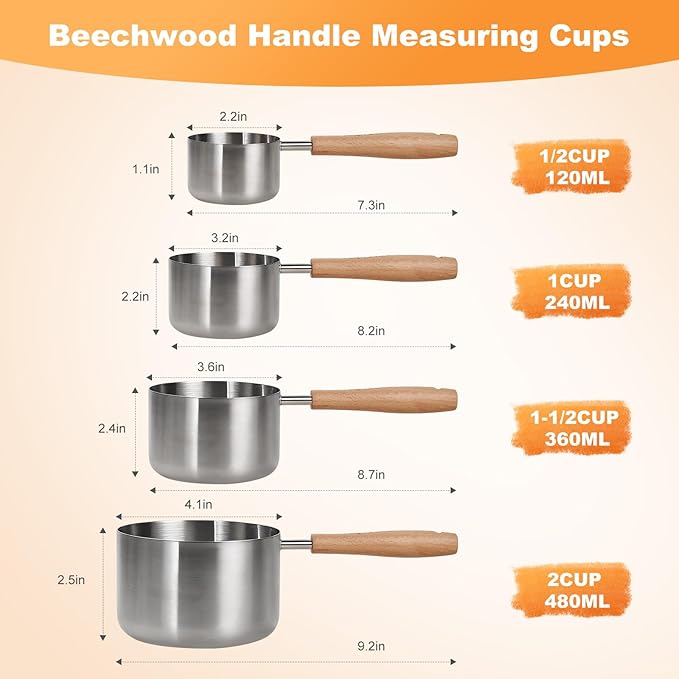 1PCS 1-1/2Cup(360ml | 12oz) Dog Cat Food Scoop, 18/8(304) Stainless Steel Measuring Cup with Wooden Handle, Etched Measurements Inside, BPA Free Portion Control for Pets & Kitchen Use