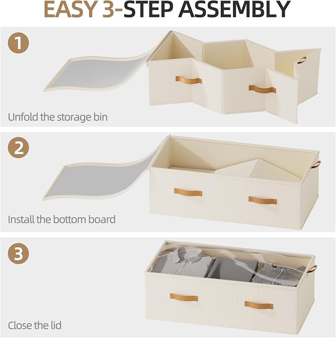 FHSQX 4 Pack Under Bed Storage Bins- 10 Inch Tall Underbed Clothes Storage Containers with Clear Window for Closet, Bed Sheets and Blankets (Beige, 31.5x15.8x10 inch)
