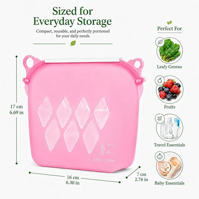 Yosmer Reusable Silicone Food Storage Bag, 50oz/1500ml Food-Grade Silicone Stand-Up Bag with Magnetic Self-Sealing Opening, Clear Windows, Freezer & Dishwasher Safe, Pink, 1 Pack