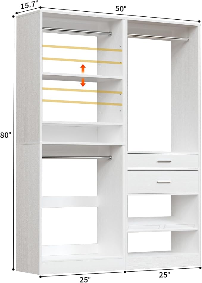 Unikito Closet System Set of 2, 4FT Closet Systems with 2 Wood Drawers, 50" Closet Organizer System with 3 Hanging Rods & 2 Shelves, Heavy Duty 50 Inch Walk-in Closet , White (50" L x 16" W x 80" H)