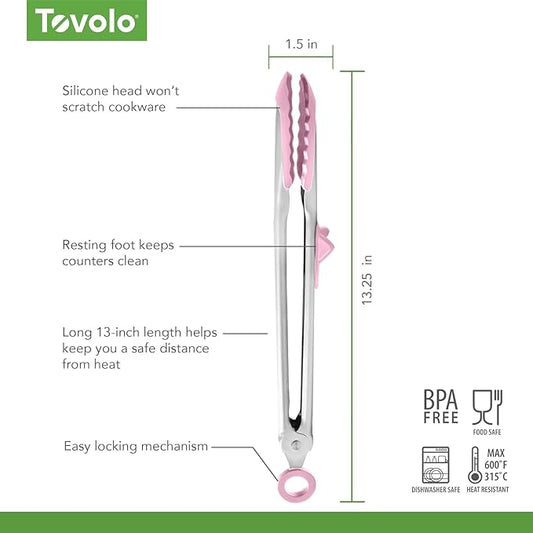 Tovolo Tongs With Silicone Tips Easy Grip 13" Long Kitchen Tongs Stainless Steel Handle For Cooking, Non Scratch Heat Resistant Locking Tongs Silicone Tipped Dishwasher Safe BPA Free, Pink Sorbet