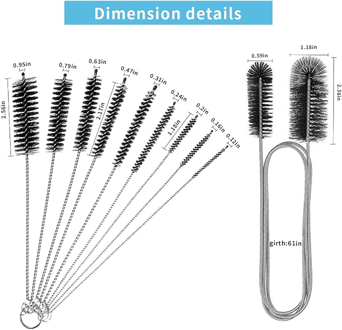 10PCS Flexible Drain Brush Straw Cleaner Brush Set,Pipe Cleaners Brush,61Inch Stainless Steel Double-Ended Hose Brush 8.2Inch Nylon Long CPAP Tube Cleaning Brush for Home Kitchen Sink Plumbing