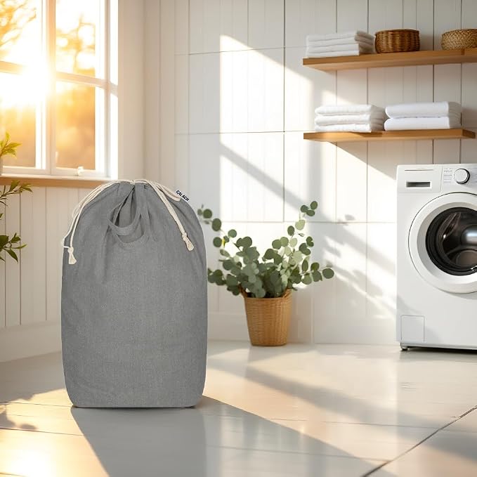 Canvas Laundry Bag with Handles & Square Base, Gray, 13.8"Wx13.8"Dx27.6"H | Large Heavy Duty Laundry Hamper Bag, Washable Drawstring Closure Dirty Clothes Sack for College Dorm, Home Storage