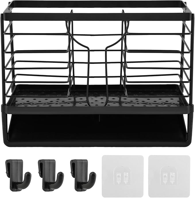 Stainless Steel Utensil Holder, Utensil Drying Rack with Drain Tray, 3 Compartments Kitchen Counter Drainer Basket Cutlery Organizer for Forks, Chopsticks, Spoons(Color:Black)