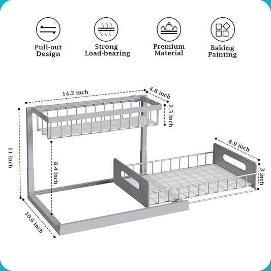REALINN Under Sink Organizer, Pull Out Cabinet Organizer 2 Tier Slide Out Sink Shelf Cabinet Storage Shelves, Storage for Kitchen Bathroom, Grey, 2 Pack