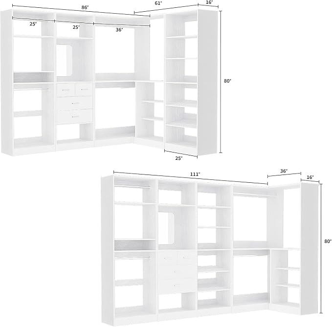 Unikito 110” Closet System with Drawers, 9.3FT Corner Closet Organizer with 4 Hanging Rods, Reversible Large Wood L Shaped Walk in Closets Wardrobe with Shoe Shelves, Max Load 3000LBS, Set of 4, White