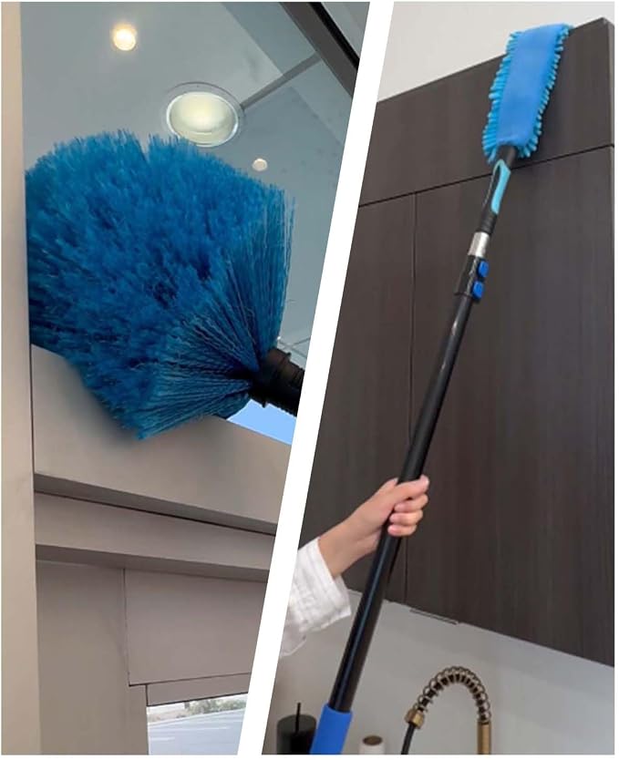 25 Foot Painted Wall Cleaner Mop with 18 Ft Heavy Duty Extension Pole, 3-in-1 High Ceiling Cleaning Tool with 4 Microfiber Chenille Pad, Cobweb Duster, Fan, Baseboard, Window Squeegee Kit (18ft)