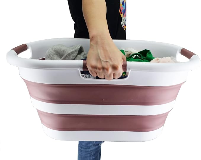 SAMMART 40L (10.5 gallon) Collapsible Plastic Laundry Basket - Foldable Pop Up Storage Container/Organizer - Portable Washing Tub - Space Saving Hamper/Basket (1, White/Dusky Pink)