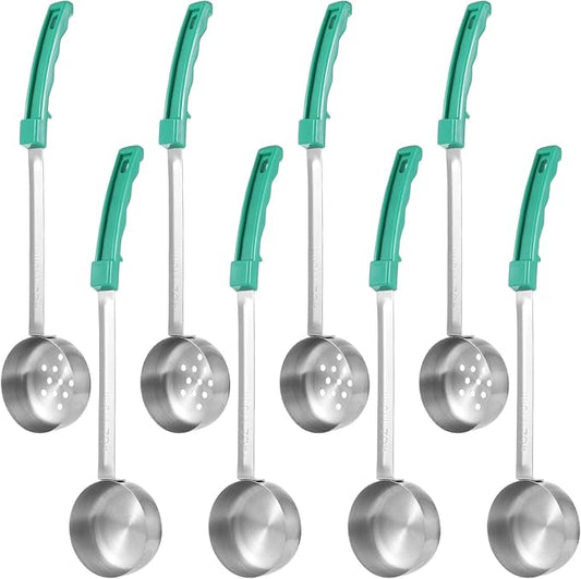 8 Pcs Portion Control Serving Spoons, Including 4 Slotted & 4 Solid Ladles, 4 Oz Stainless Steel Spoons with Non-Slip Plastic Handle for Home Kitchen, Gym Meal Prep, Cafés & Catering