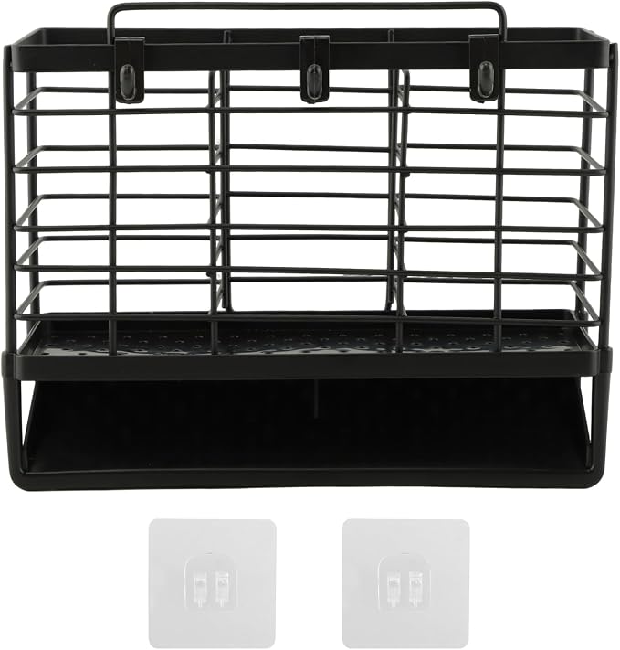3-Compartment Dish Drying Rack for Kitchen, Carbon Steel Utensil Holder with Drain Tray, Utensil Caddy Organizer for Knives, Forks, Spoons, Chopsticks, Wall Mount or Countertop(COLOR:Black)