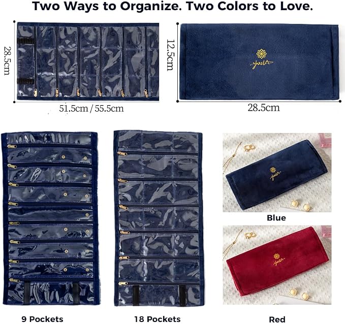 Travel jewelry organizer-Portable organizers and storage Soft Velvet travel case with Zippered, Compact Storage for Earrings, Rings, Necklaces, Studs, for Women(Blue, 18Pockets)
