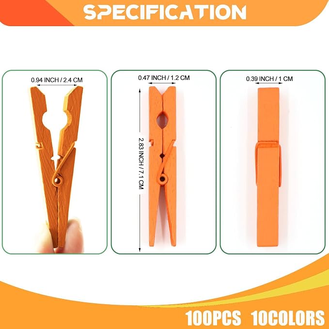 100 Pcs Orange Clothes pins - 2.9 Inch Wooden Clothespins Cheer Clips | Vibrant for Crafts Classroom Decorations Clothing Pictures Laundry Solid Wood No Splinters Fade‑Proof