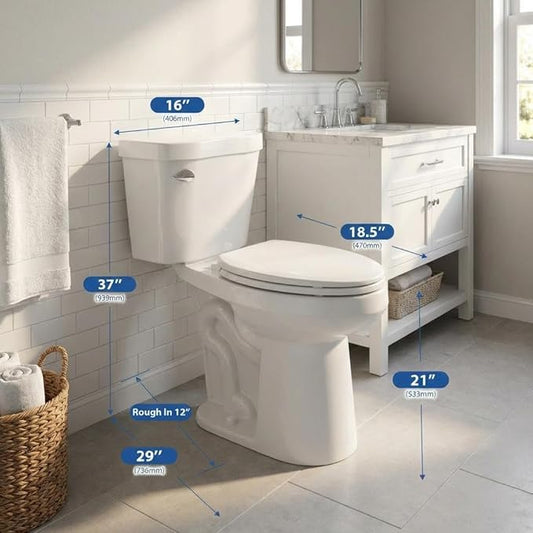 Two Piece Elongated Toilet, ADA 21" Comfort Height with Side Press Flush, 12" Rough-In, Powerful Flushing System & Under-Locking Lid, White